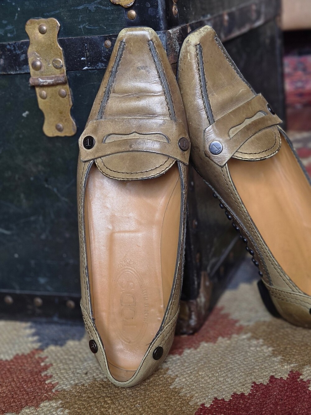 TOD'S Olive Green Leather Square Toe Slip-On Moccasin Loafers - Picture 2 of 10